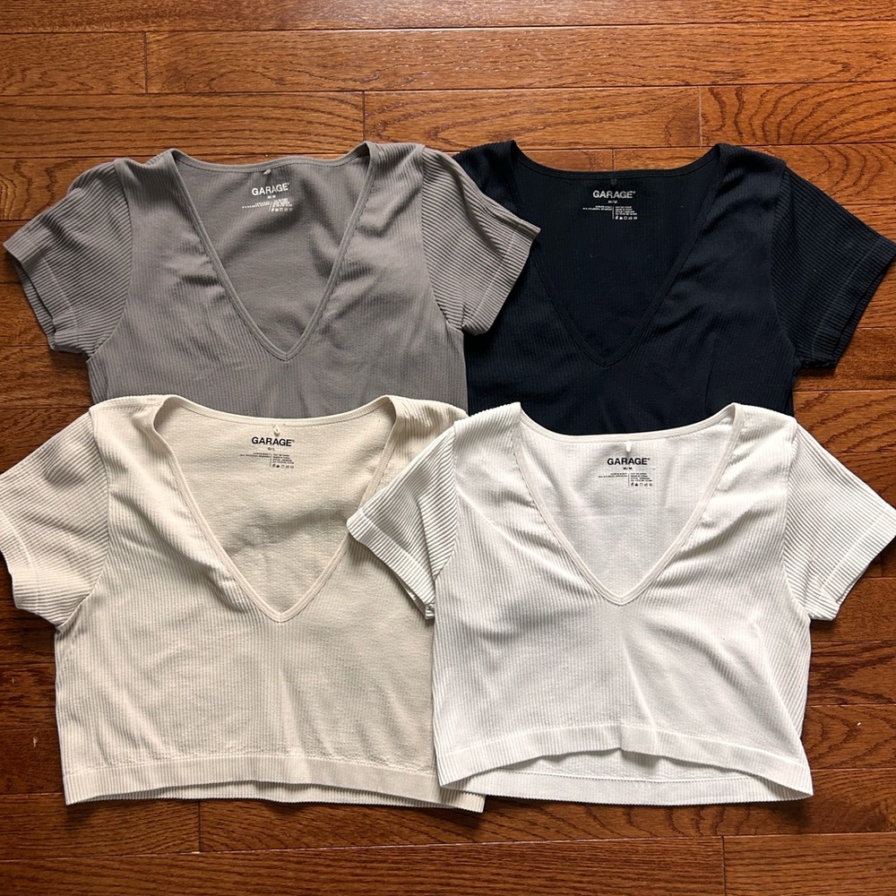 Garage Ribbed V-Neck Crop Top Set — Black, Gray, Cream, White